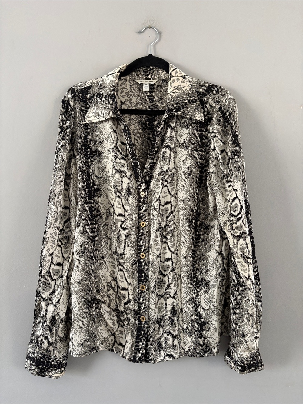 St. John Black & Cream Snake-Print Button Front Silk Blouse